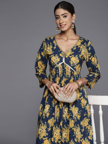 Varanga Women Navy Blue Floral Printed V- Neck Empire Kurta